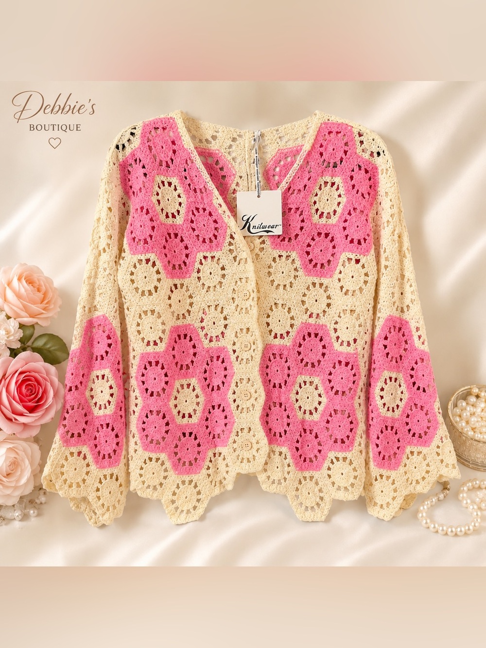 NWT Knitwear 100% Cotton Pink Cream Crochet Cardigan Boho One Size